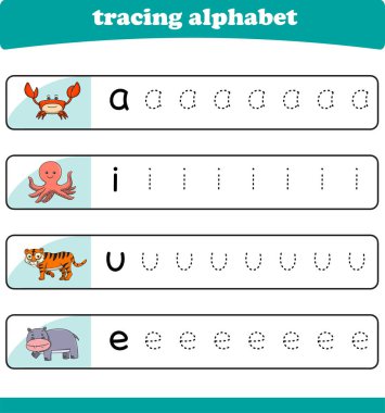 Anaokulu çocukları için yazarlık pratiği. Vahşi yaşam hayvanlarıyla alfabe izleme çalışması. Vektör illüstrasyonu