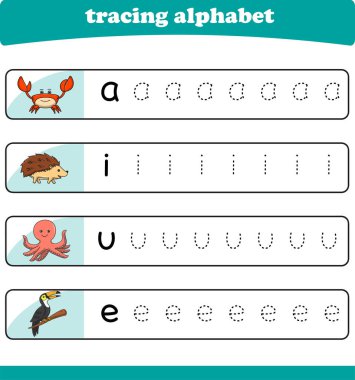 Anaokulu çocukları için yazarlık pratiği. Vahşi yaşam hayvanlarıyla alfabe izleme çalışması. Vektör illüstrasyonu