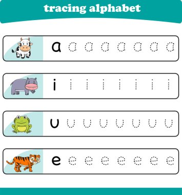 Anaokulu çocukları için yazarlık pratiği. Vahşi yaşam hayvanlarıyla alfabe izleme çalışması. Vektör illüstrasyonu