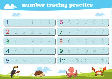 Anaokulu çocukları için yazarlık pratiği. Vahşi yaşam hayvanlarının numaralarını takip ediyorum. Vektör illüstrasyonu