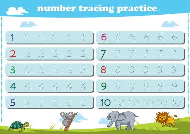 Anaokulu çocukları için yazarlık pratiği. Vahşi yaşam hayvanlarının numaralarını takip ediyorum. Vektör illüstrasyonu