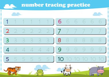 Anaokulu çocukları için yazarlık pratiği. Vahşi yaşam hayvanlarının numaralarını takip ediyorum. Vektör illüstrasyonu