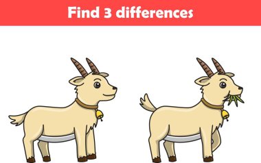 Çocuklar için eğitim oyunu iki keçi hayvan çizgi filmi arasında üç fark buluyor. Vektör illüstrasyonu