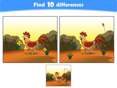 Komik çizgi film horozu. 10 farklılık bul. Çocuk Eğitim Oyunları. Çizgi film vektör illüstrasyonu