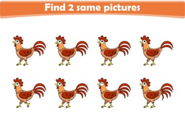 Komik çizgi film horozu. Aynı iki resmi bul. Çocuklar için eğitici bir oyun. Çizgi film vektör illüstrasyonu