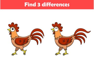 Çocuklar için eğitim oyunu, iki horoz hayvan çizgi filmi arasında üç fark buluyor. Vektör illüstrasyonu