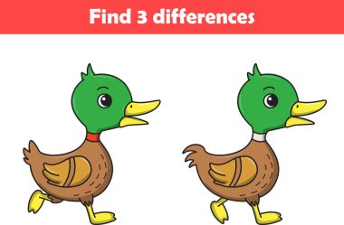 Çocuklar için eğitim oyunu iki küçük ördek hayvan çizgi filmi arasında üç fark buluyor. Vektör illüstrasyonu