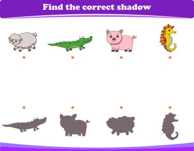 Çocuklar için eğitim oyunu sevimli vahşi hayvan çizgi filminin doğru gölgesini bulur. Vektör İllüstrasyonu