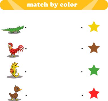 Çocuklar için çalışma programı eğitimi. Vahşi hayvanları renklerine göre eşleştir. Vektör illüstrasyonu 