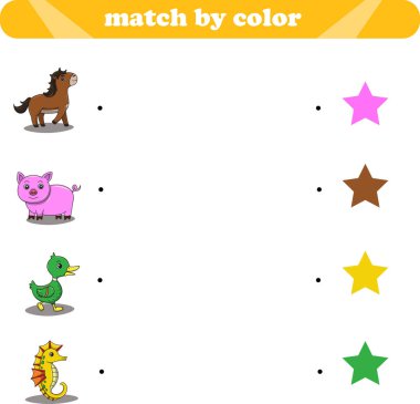 Çocuklar için çalışma programı eğitimi. Vahşi hayvanları renklerine göre eşleştir. Vektör illüstrasyonu 