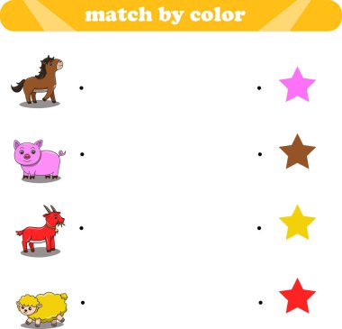 Çocuklar için çalışma programı eğitimi. Vahşi hayvanları renklerine göre eşleştir. Vektör illüstrasyonu 