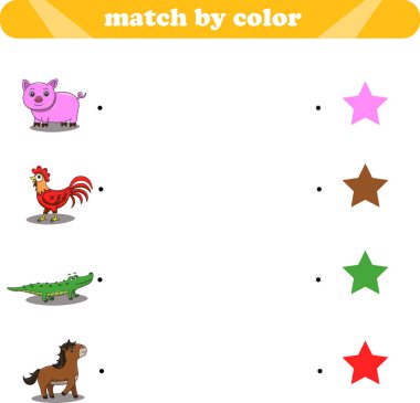 Çocuklar için çalışma programı eğitimi. Vahşi hayvanları renklerine göre eşleştir. Vektör illüstrasyonu 