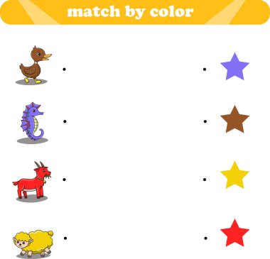 Çocuklar için çalışma programı eğitimi. Vahşi hayvanları renklerine göre eşleştir. Vektör illüstrasyonu 