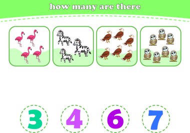 Anaokulu öğrencileri için eğitim programı. Vahşi hayvanları say. Çocuklar için matematik oyunu. Vektör