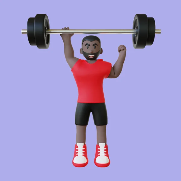 3d illustration of a strong guy lifting heavy barbell with one hand on blue background