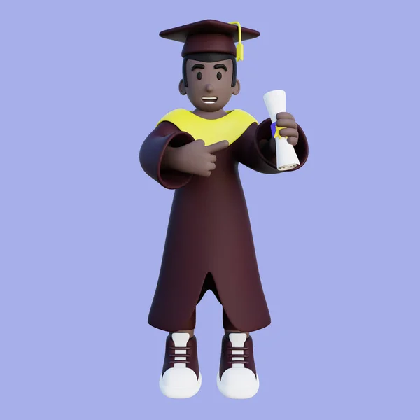 3d illustration of graduated student pointing to his diploma