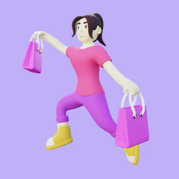 3Dイラスト Happy Women Shopping — ストック写真