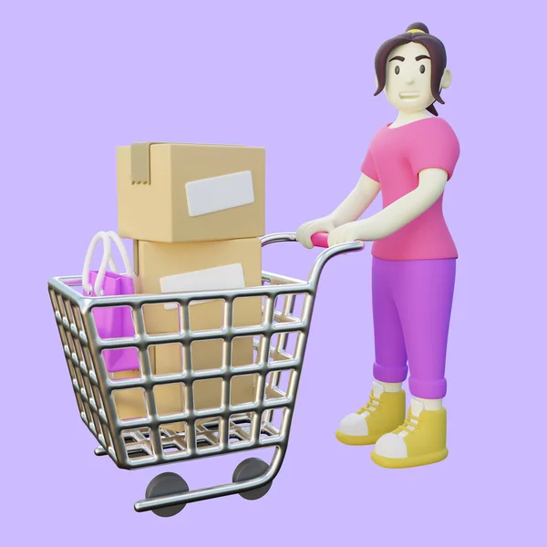 ショッピングカートを持つ女性の3Dイラスト — ストック写真