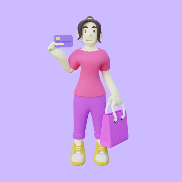 クレジットカードでの女性ショッピングの3Dイラスト — ストック写真