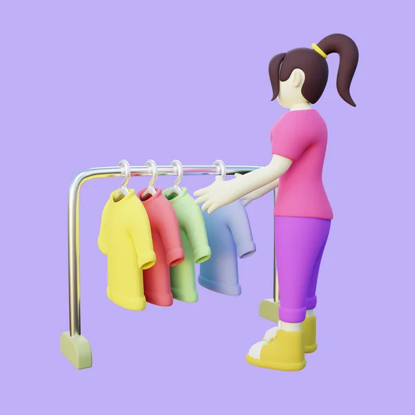 3Dイラスト女性がシャツを選ぶ — ストック写真