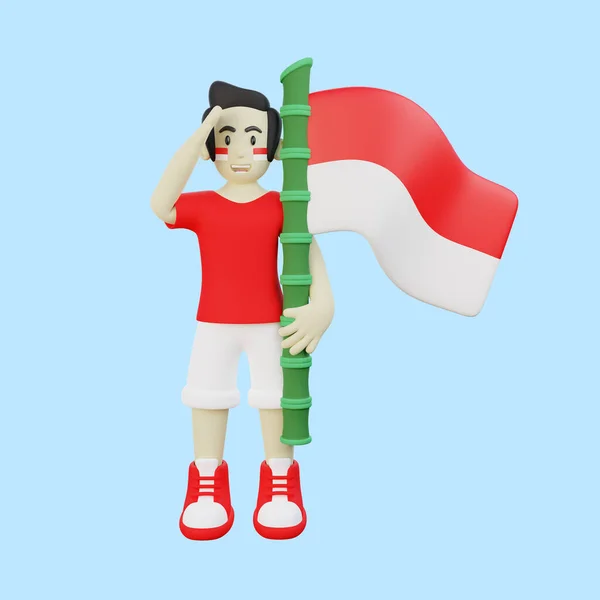 Illustration Des Indonesischen Kerls Der Die Flagge Indonesiens Hält Während — Stockfoto