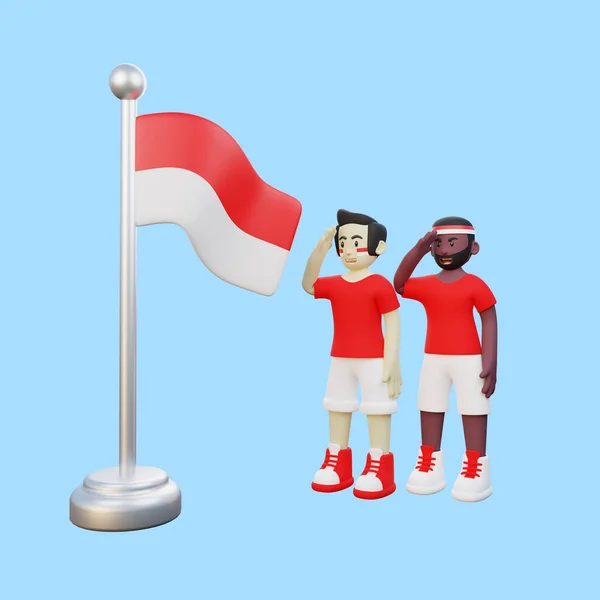 8月17日独立記念日にインドネシア国旗に敬礼する2人のインドネシア人の男の3Dイラスト — ストック写真