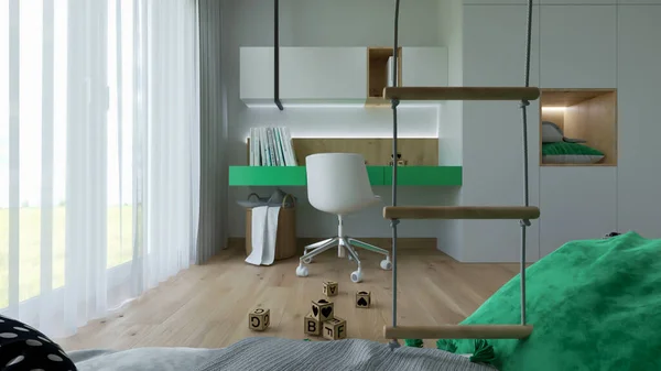 Rendering Green Kid Schlafzimmer Interior Design Interieur — Stockfoto