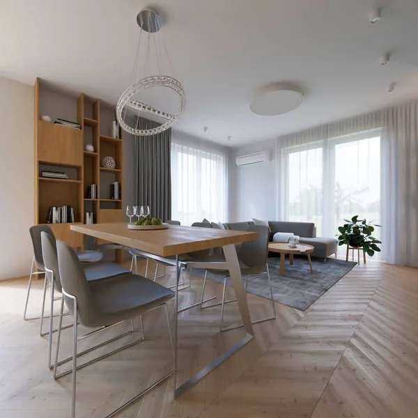 Renderização Sala Estar Cozinha Quarto Design Interiores — Fotografia de Stock