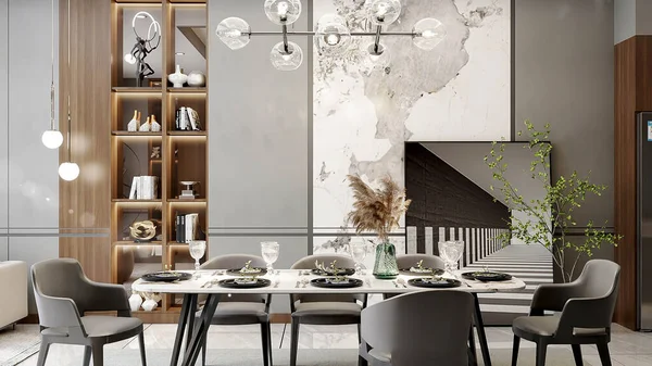 Interiér Moderní Kuchyně Stolem Židlemi Vykreslování — Stock fotografie
