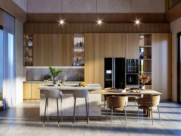 Interior Cozinha Moderna Com Mesa Cadeiras Renderização — Fotografia de Stock