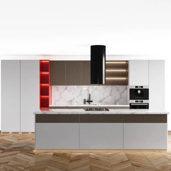 Modern Kitchen White Walls Wooden Floor Rendering — Stock Photo, Image