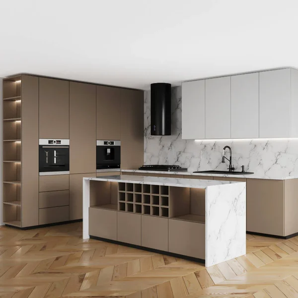Interior Cozinha Moderna Com Paredes Brancas Cinzentas Piso Madeira Renderização — Fotografia de Stock