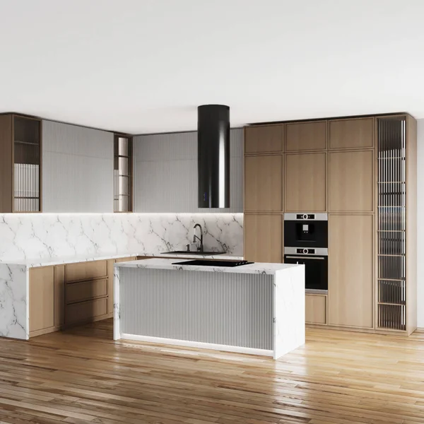 Cozinha Moderna Com Paredes Brancas Piso Madeira Renderização — Fotografia de Stock