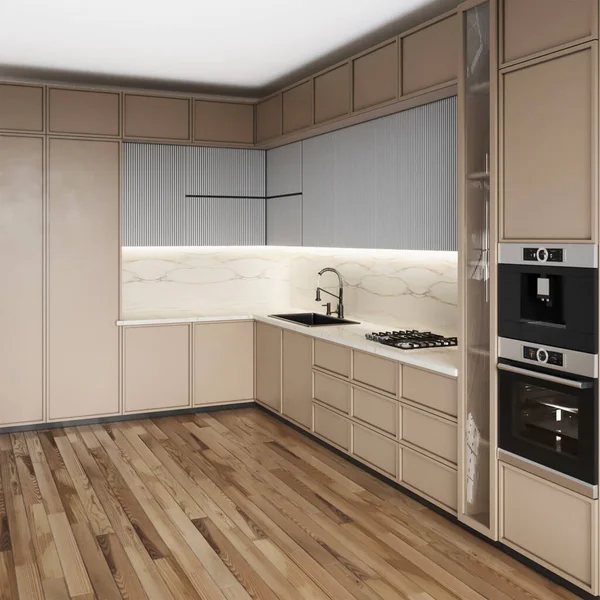 Interior Cozinha Moderna Com Paredes Brancas Pretas Piso Madeira Renderização — Fotografia de Stock