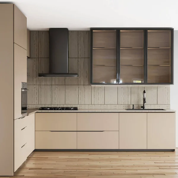 Interior Cocina Moderna Con Paredes Blancas Grises Gran Ventanal Renderizado — Foto de Stock