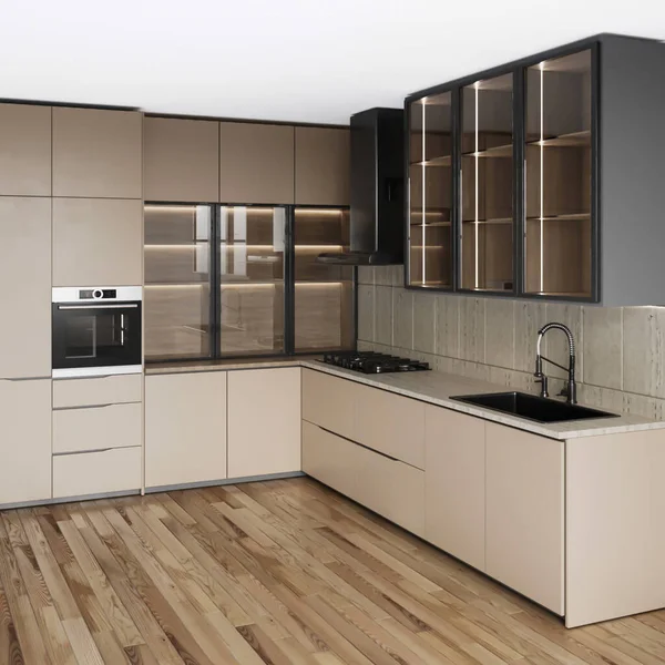 Interior Cozinha Moderna Com Paredes Brancas Cinzentas Uma Grande Janela — Fotografia de Stock