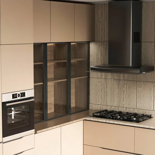 Modern Mutfak Içi Beyaz Siyah Dolaplarla Dolu — Stok fotoğraf