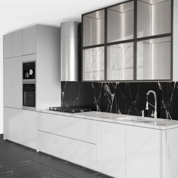 Beyaz Gri Duvarlı Modern Mutfak Siyah Gri Lavabo Oluşturma — Stok fotoğraf