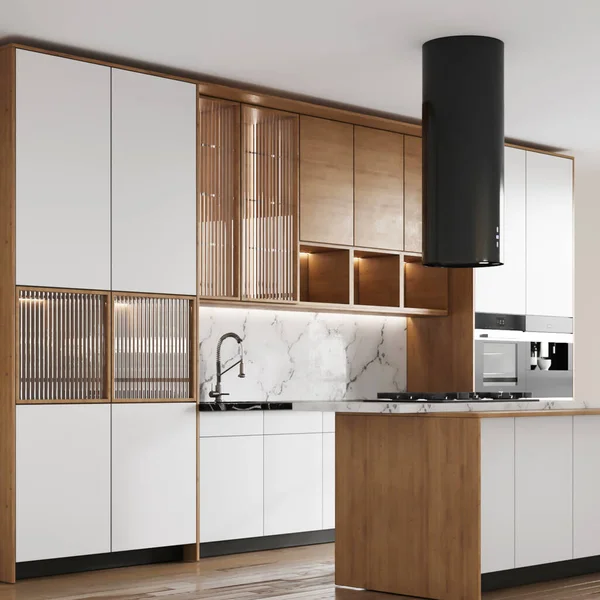 Interior Cozinha Moderna Com Paredes Brancas Cinzentas Uma Grande Janela — Fotografia de Stock