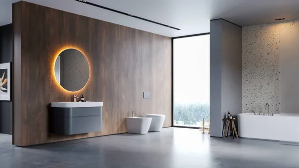 Beautiful Luxury Bathroom Mirror Grey White Walls Bathtub Sink Interior — Stockfoto