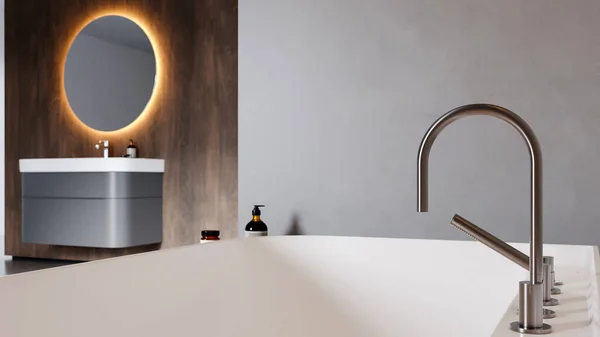 Darstellung Des Modernen Badezimmers Mit Waschbecken Mit Weißen Wänden Und — Stockfoto