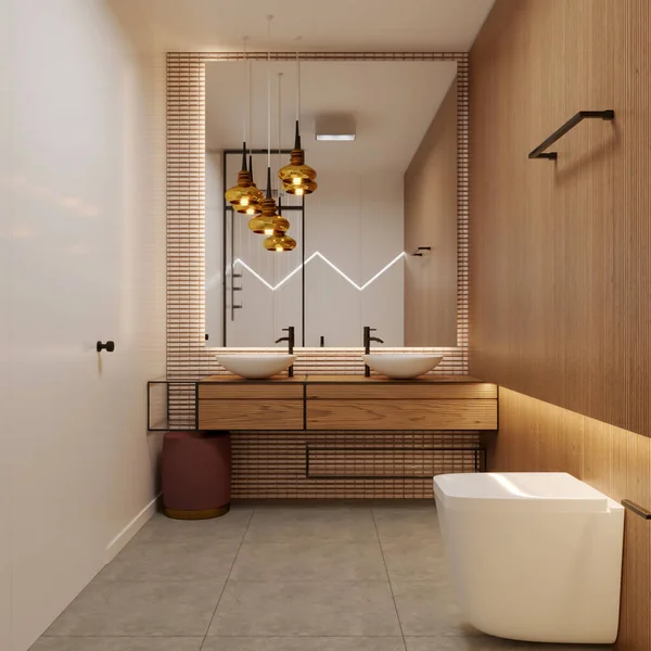 Interior Elegant Bathroom White Walls Sink Rendering — 图库照片