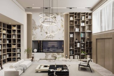 Modern apartmanın içinde. 3d oluşturma