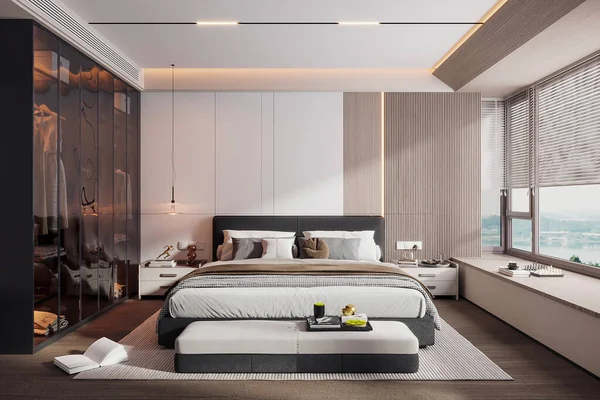 3Dレンダリング現代の寝室のインテリアデザイン — ストック写真
