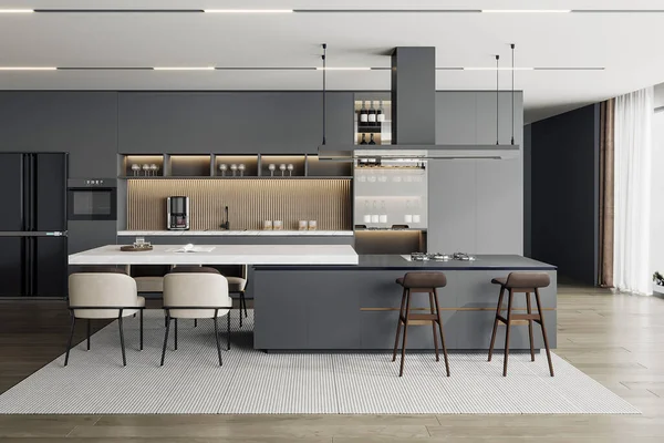 Interior Cozinha Moderna Com Paredes Brancas Pretas Renderização — Fotografia de Stock