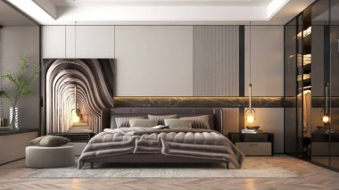 Modern yatak odasının içi gri tonlarda.