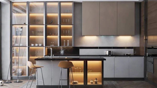 Moderne Keuken Met Grijze Muur Grijze Tinten Parketvloer Keuken Houten — Stockfoto