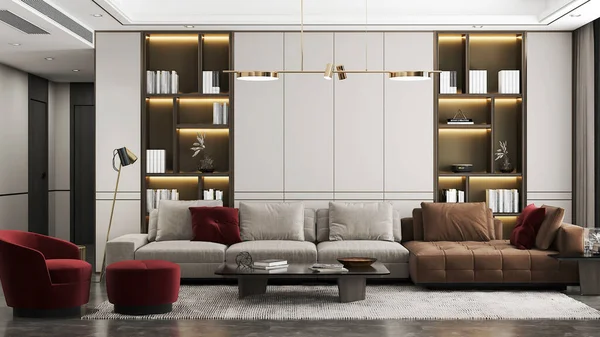 現代のリビングルームのインテリアデザイン白とグレーの壁3 Dイラスト — ストック写真