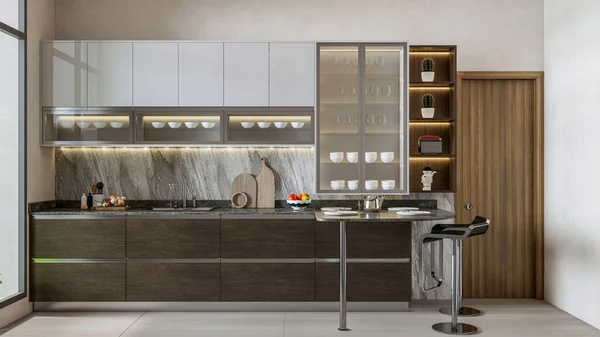 Renderizado Cocina Moderna Diseño Interiores Modulares — Foto de Stock