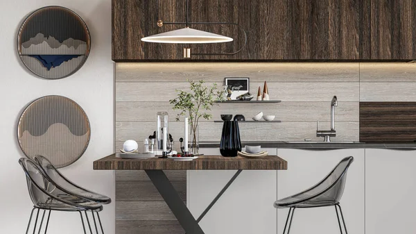 Vykreslování Moderní Kuchyně Modulární Design Interiéru — Stock fotografie